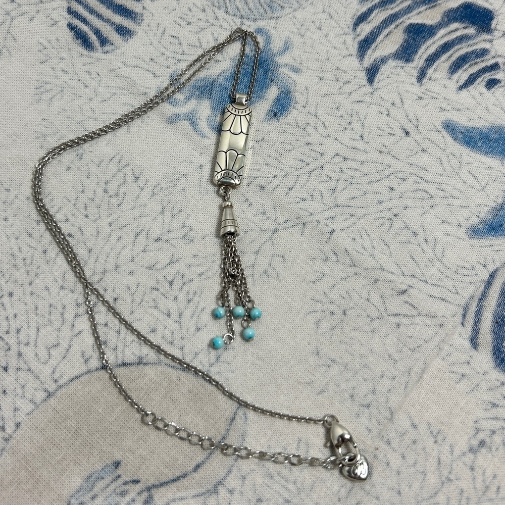 Brighton Marrakesh Mesa Necklace Tassel Turquoise Hue Silver Plated Etched Bar - Picture 9 of 15